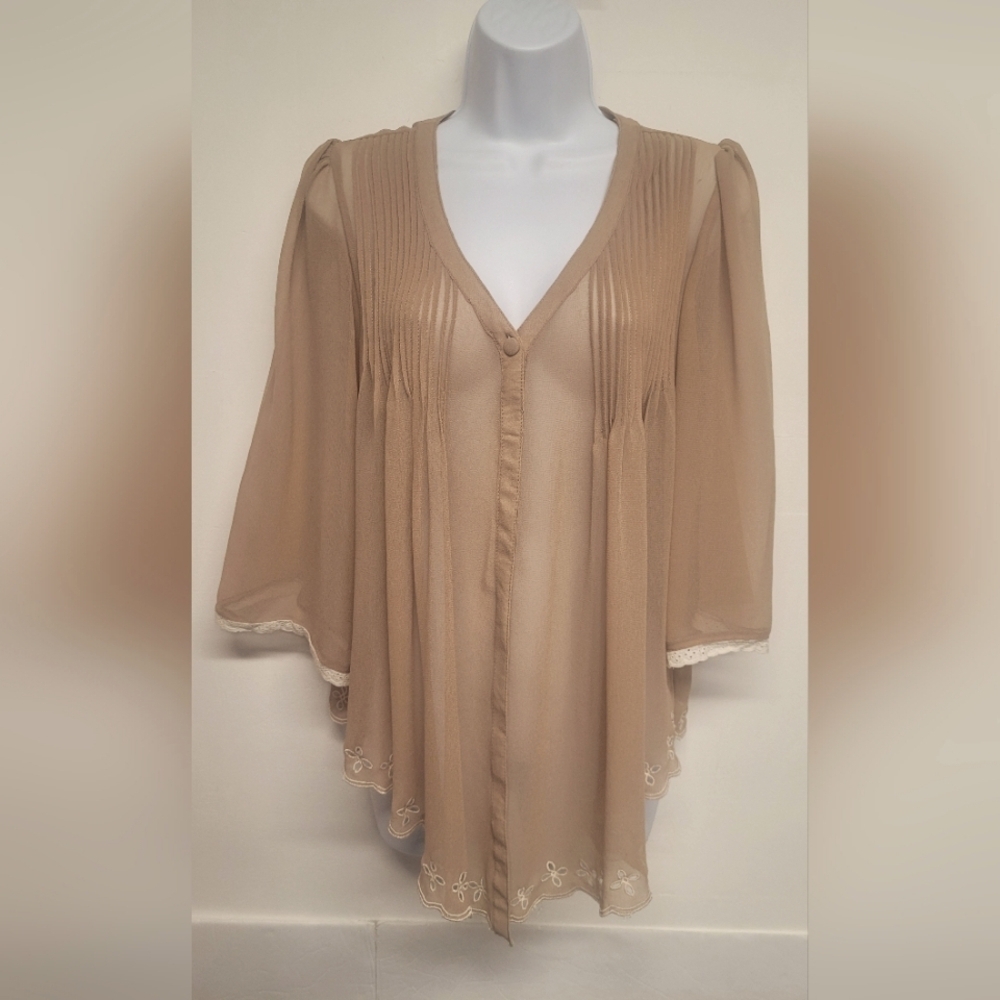 Delicia Sheer Top Pleated Eyelet Cutouts M Like New